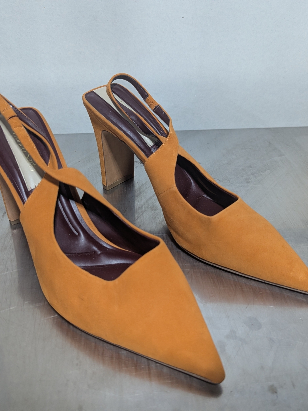 Franco Sarto Mustard Suede Pointed-Toe Slingback Heels 8